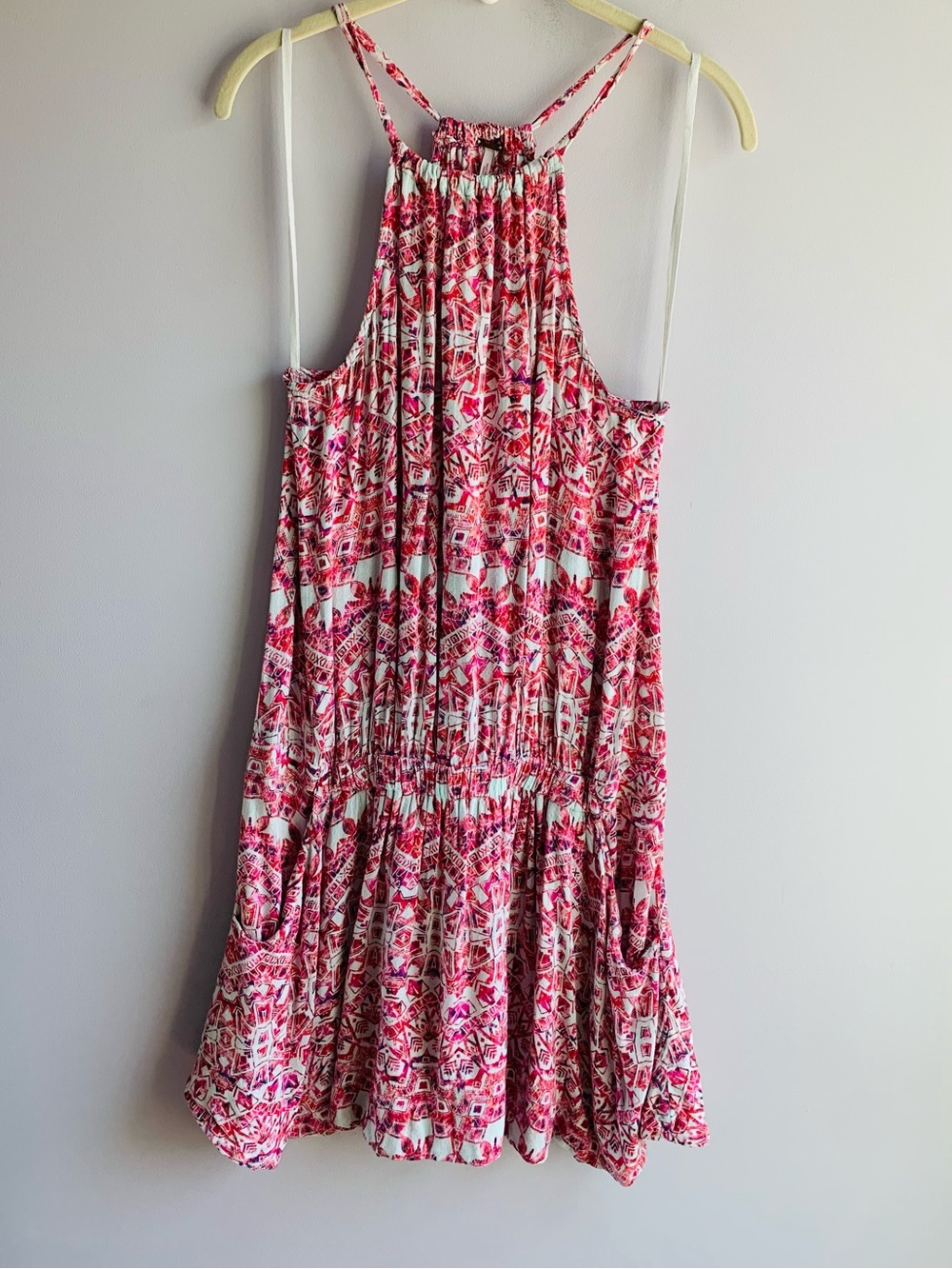 Free People Dress Pink White Geometric Mini Racerback Boho Summer Cute EUC Small